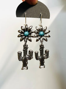 Silver Turquoise Flower  Cactus Earrings